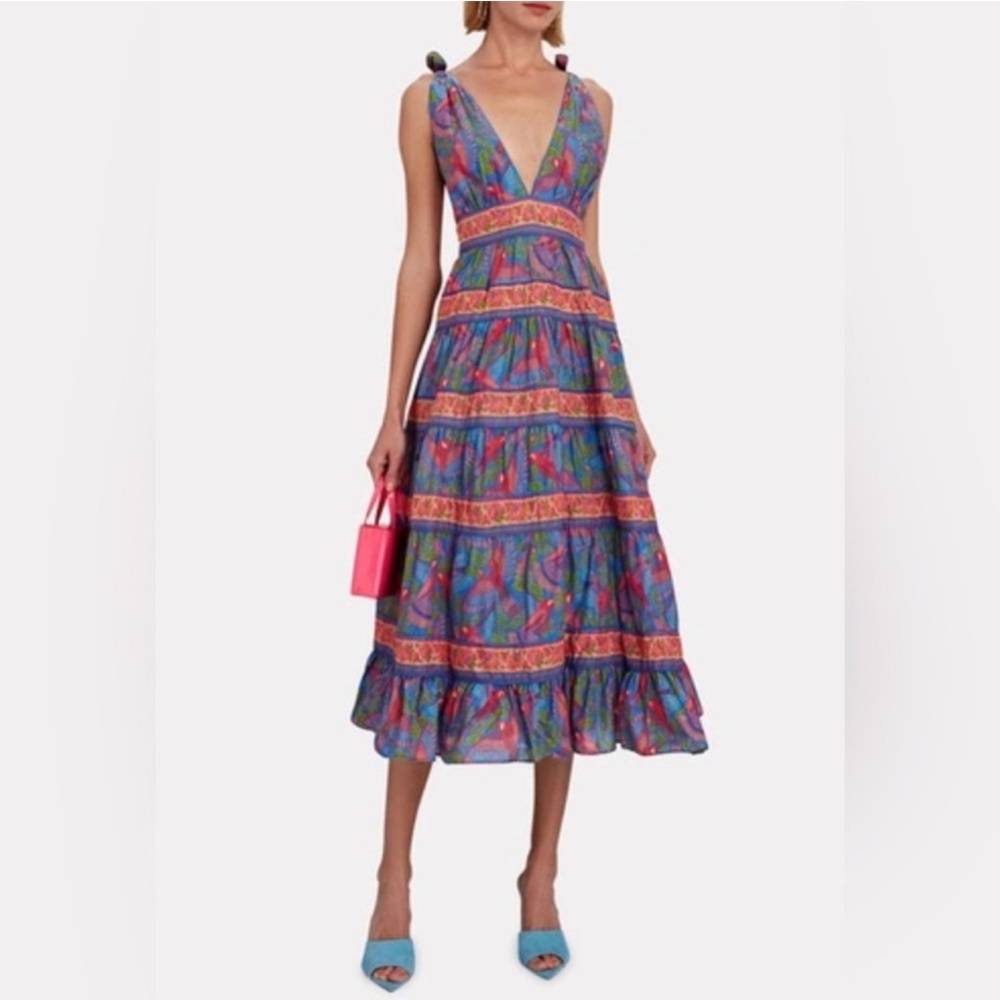 NWT farm rio blue macaw flight v neck midi dress